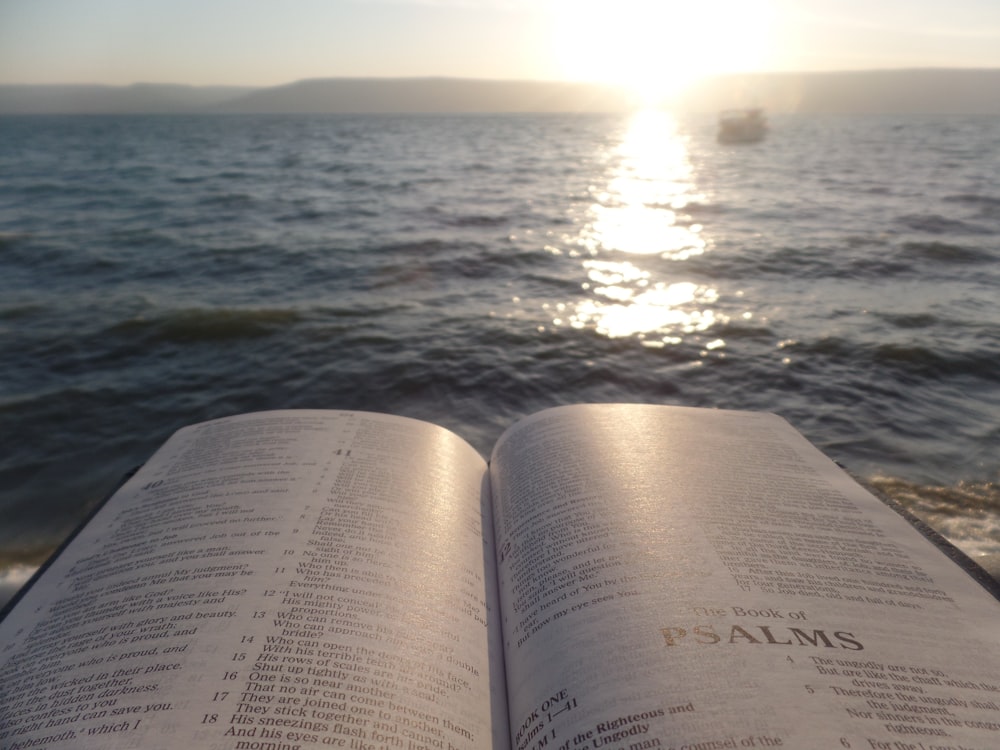 An open book with the ocean in the background.