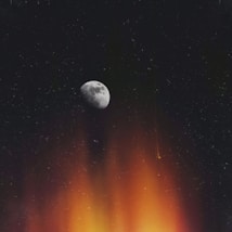 A mysterious and cosmic scene displaying the moon in a dark sky with distant starry speckles above a vibrant and fiery glow at the bottom.