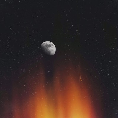 A mysterious and cosmic scene displaying the moon in a dark sky with distant starry speckles above a vibrant and fiery glow at the bottom.