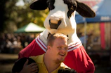 smiling man wearing yellow polo shirt standing near cattle cosplay