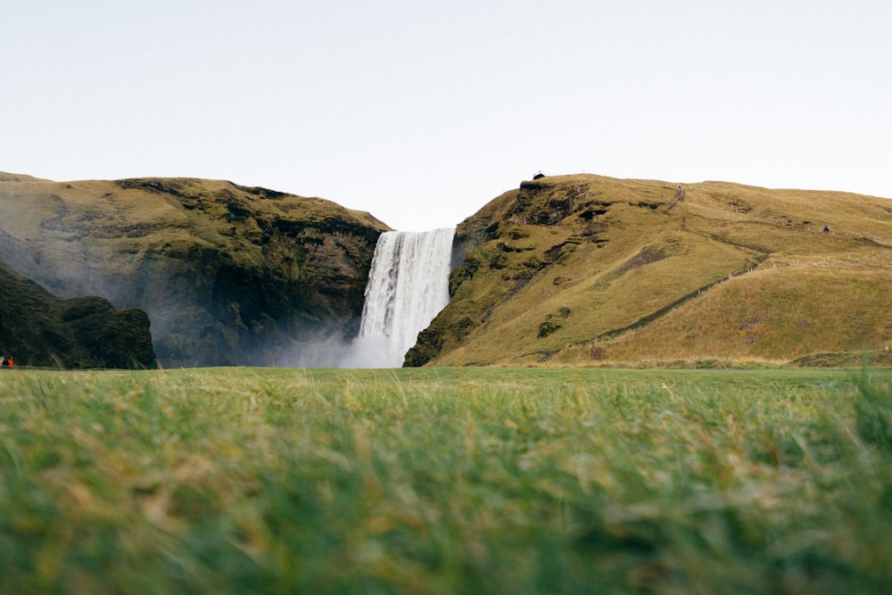 green grass field near waterfalls