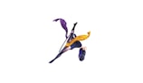 A person performs an acrobatic pose suspended in mid-air with a hoop. They are wearing a dark outfit with patterns or textures and have long dark hair. Flowing, colorful ribbons of purple and yellow accompany the motion of the pose, creating a dynamic and artistic effect.