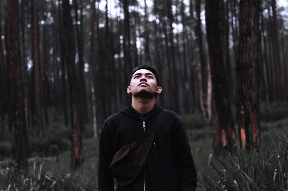 man looking up near trees during daytime