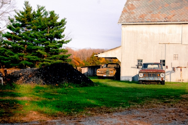 A rustic Idaho farm landscape with mountains in the background and an old red pickup truck parked near a barn.