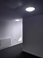 Modern living space highlighting a seamless transition between carpet and vinyl flooring.