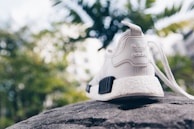 A close-up view of a white Adidas sneaker resting on a textured stone surface, with blurred greenery in the background. The focus is on the heel of the sneaker, highlighting the brand's logo prominently.