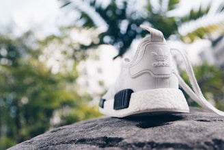 A close-up view of a white Adidas sneaker resting on a textured stone surface, with blurred greenery in the background. The focus is on the heel of the sneaker, highlighting the brand's logo prominently.