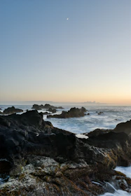 A wide shot of a rugged coastline at dusk, waves crashing against jagged rocks under a pastel sky.