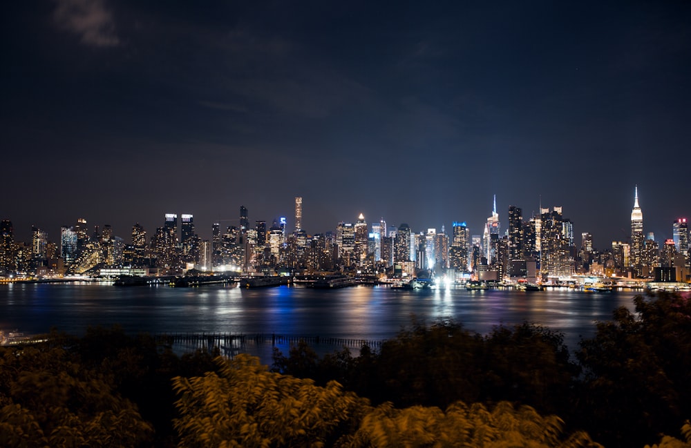 city skyline during night time