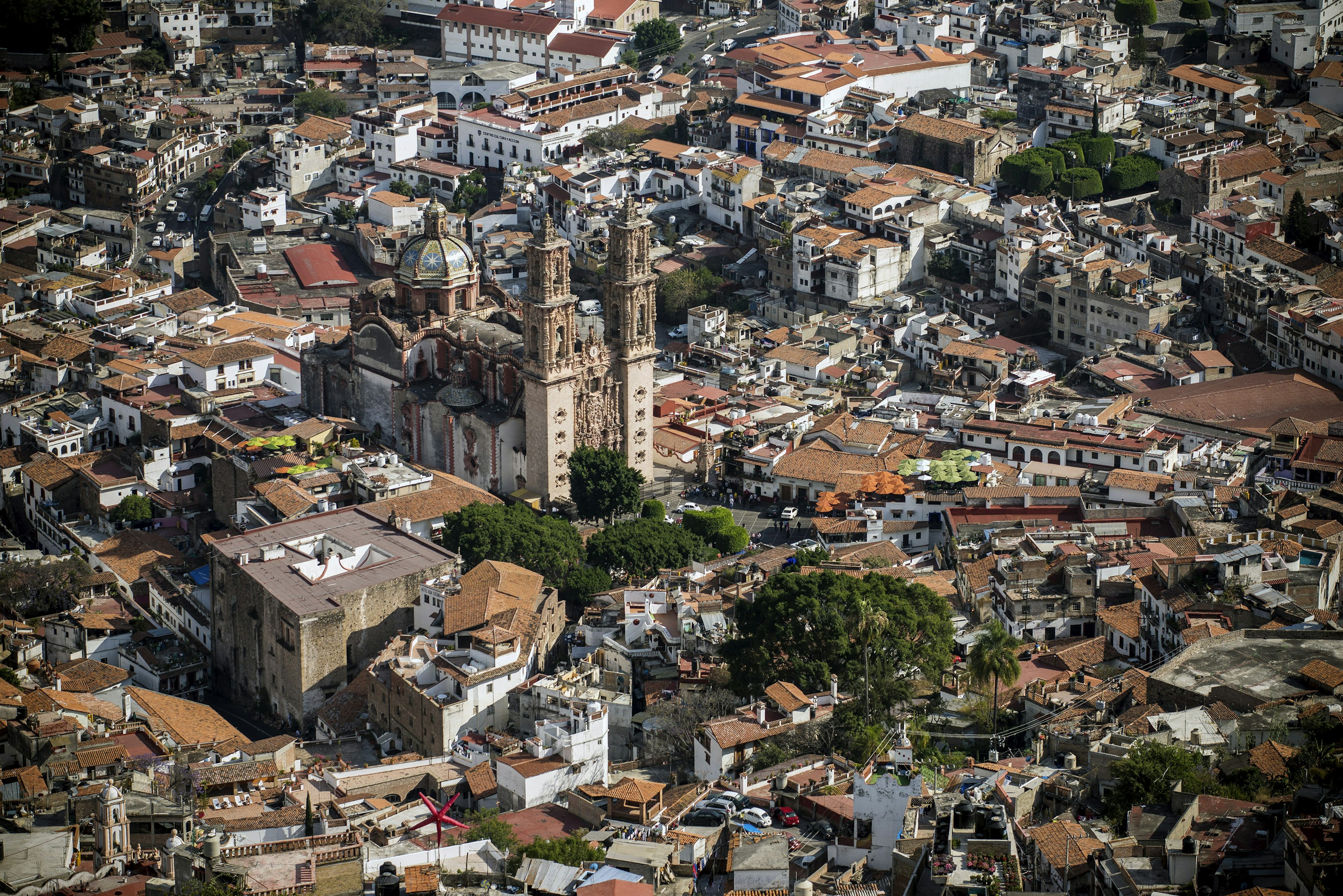 Aerial view of Santa Prisca de Taxco, Mexico