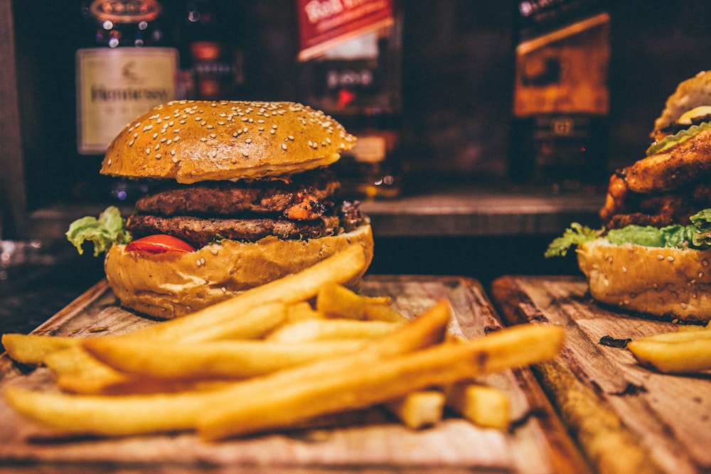 cooked French fries and hamburger