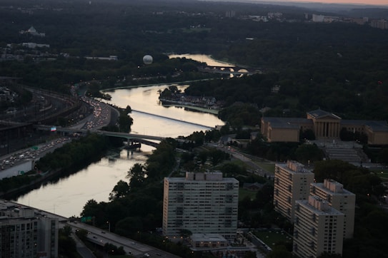 An aerial view of an urban landscape featuring a river surrounded by dense green foliage. Several bridges span the waterway, and a prominent neoclassical building is visible in the right mid-ground. Residential and commercial buildings align the lower section of the scene. Traffic is visible on the nearby roads.