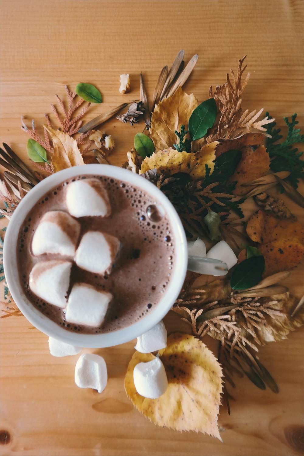 Marshmallows in a cup of hot chocolate, sitting on top of flowers.