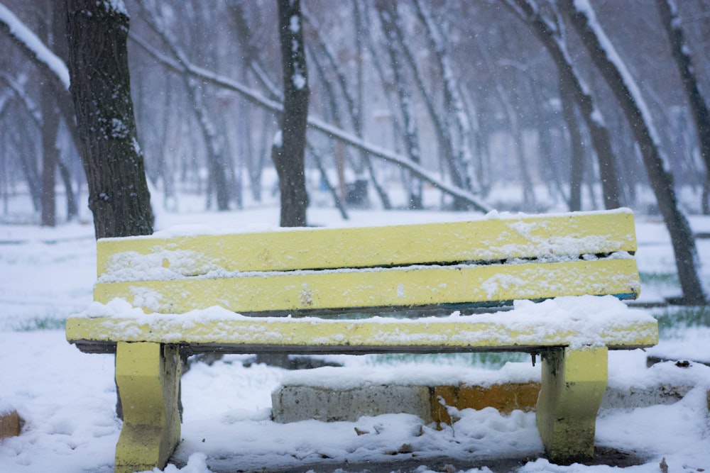snow covered yellow bench near trees