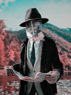 A mysterious figure stands in a natural landscape, their face obscured by newspaper cutouts. They are dressed in a formal suit, complete with a tie and a long overcoat, and they wear a black hat. One of their hands holds a newspaper, with promotional advertisements visible on it. The background features a serene setting with mountains and autumnal trees in pinkish hues.