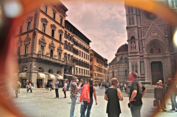 A vibrant collage showing travelers exploring European landmarks, engaging in cultural exchanges, and attending professional workshops.