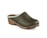 A single leather clog with a wooden heel and lined with soft shearling. The clog is olive-green in color and features decorative metal studs along the side.