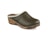 A single leather clog with a wooden heel and lined with soft shearling. The clog is olive-green in color and features decorative metal studs along the side.