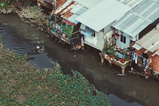 aerial photography of house beside river