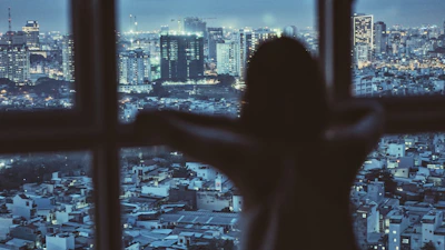 A silhouette of the author gazing out a window with a city skyline at twilight.