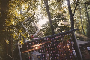 Sunlight filters through a dense canopy of trees casting dappled shadows across a rustic structure adorned with hanging flowers and frames. The atmosphere is serene and whimsical with an emphasis on natural beauty. Wooden textures and vibrant colors from the flowers add to the scene's charm.