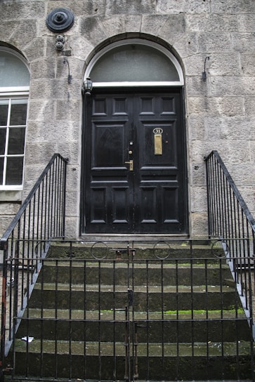 black wooden door on gray building
