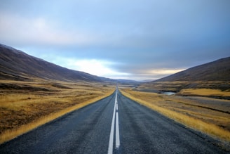 landscape photography of black asphalt road with white line surrounded by brown grass field during daytime
