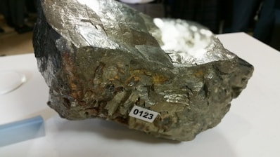 A large, rough metallic rock with reflective surfaces sits on a white table. It has a label with the number 0123 adhered to its surface, suggesting it is part of a collection or study. There are blurred figures in the background, indicating a possibly indoor setting, such as a museum or exhibition.