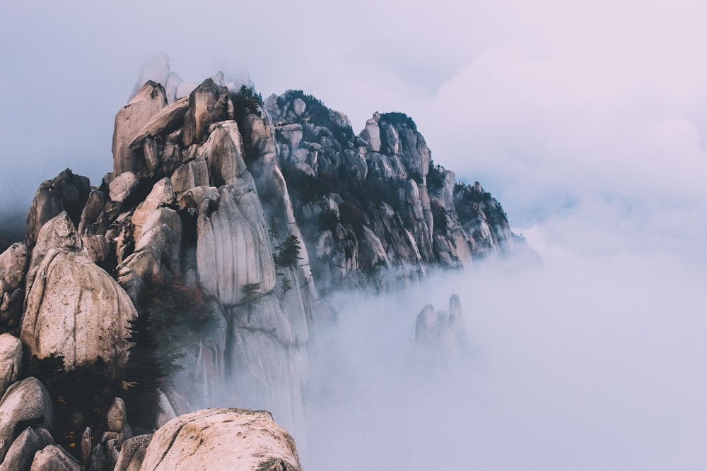 Felsformation von Nebel umgeben