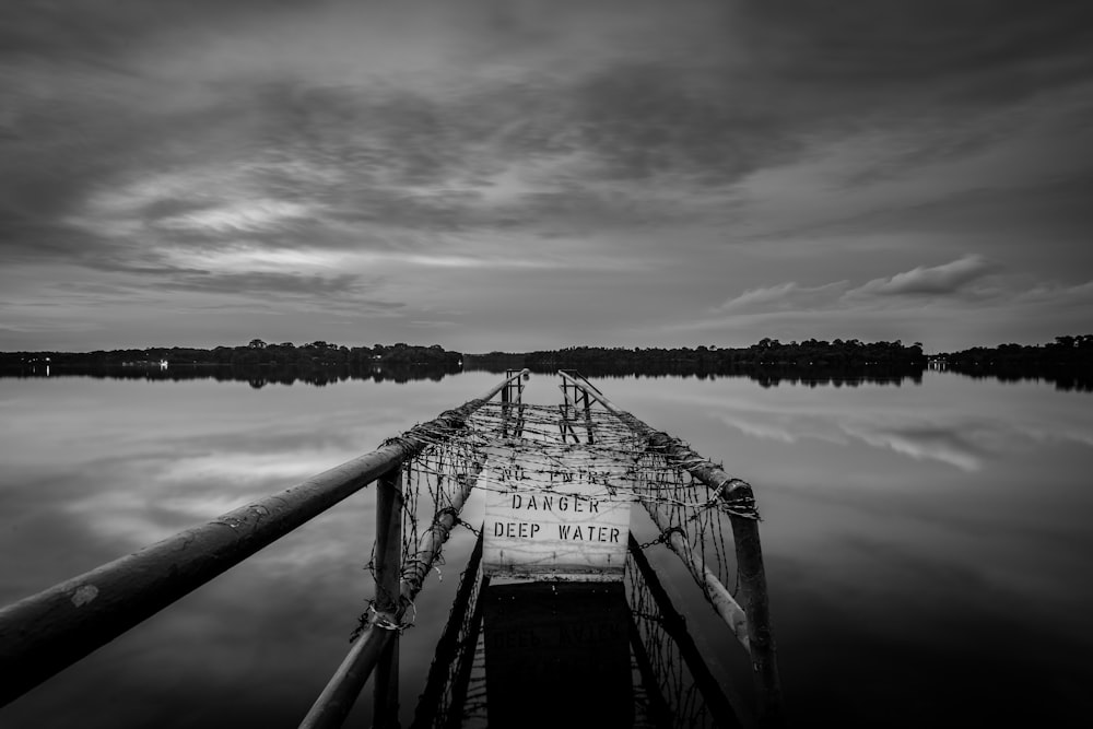 grayscale photography of dock far from trees