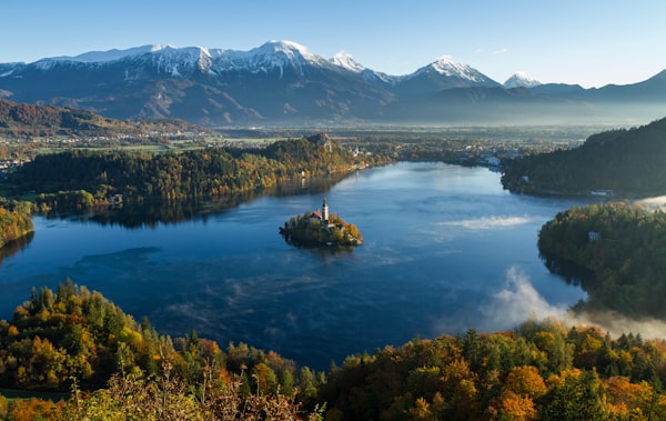 Lake Bled with the church on the island and mountains in the background