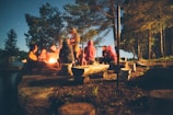 group of people near bonfire near trees during nighttime