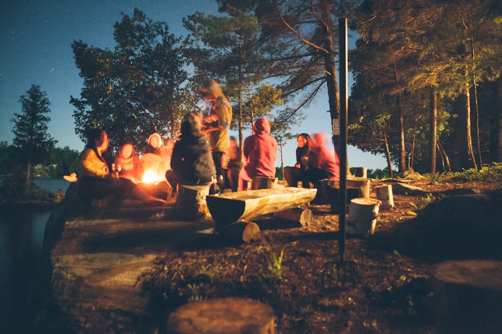 grupo de personas cerca de la hoguera cerca de los árboles durante la noche