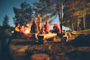 People gathered around a fire in the dark under tall trees