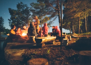 group of people near bonfire near trees during nighttime