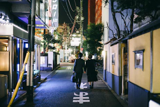 Couple walking hand in hand through a softly lit urban street at dusk.