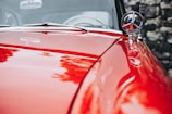 A polished red car hood with shiny chrome details and a circular ornament. The reflection of surrounding foliage is visible on the surface, and a blurred stone wall can be seen in the background.