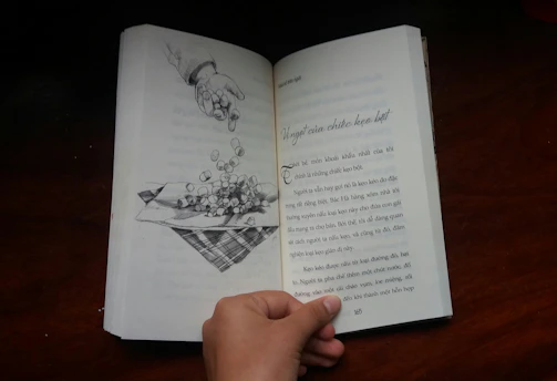 A colorful children's book open to a page featuring a playful brand advertisement integrated into the story.