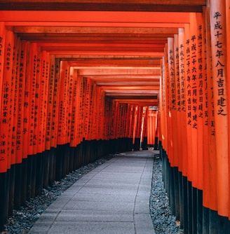 gray pathway between red and black wooden pillar