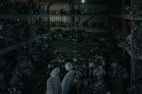 Close-up of heavy machinery parts stacked neatly in a warehouse.