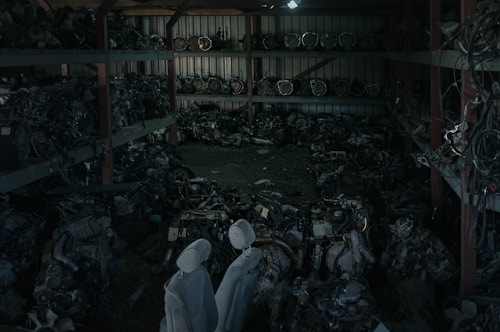 A dimly lit warehouse containing shelves stacked with various mechanical parts, possibly car engines or machinery components. The parts appear to be arranged in a cluttered manner with pipes and wires visible. Two covered figures stand in the foreground, which might be statues or objects draped with cloth.