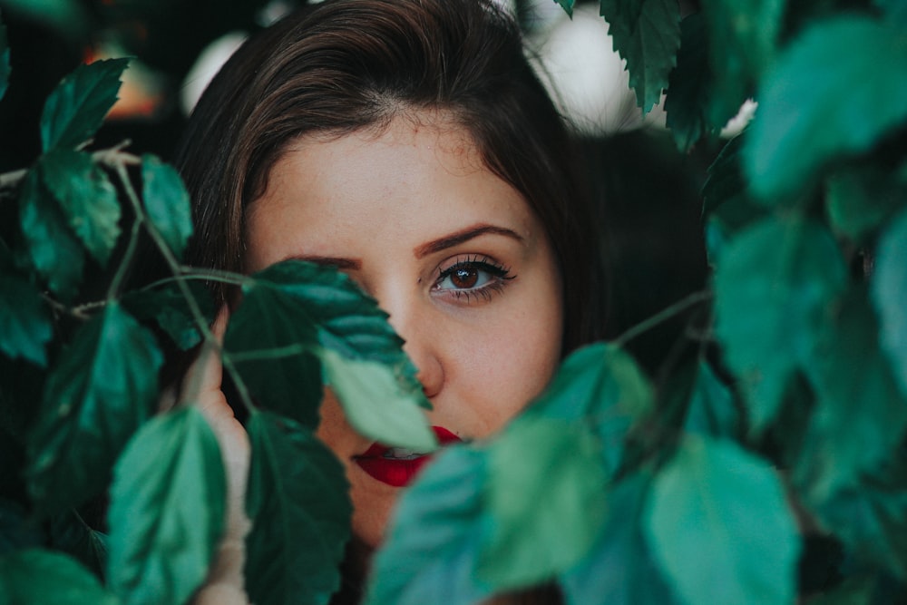 woman taking photo between plants