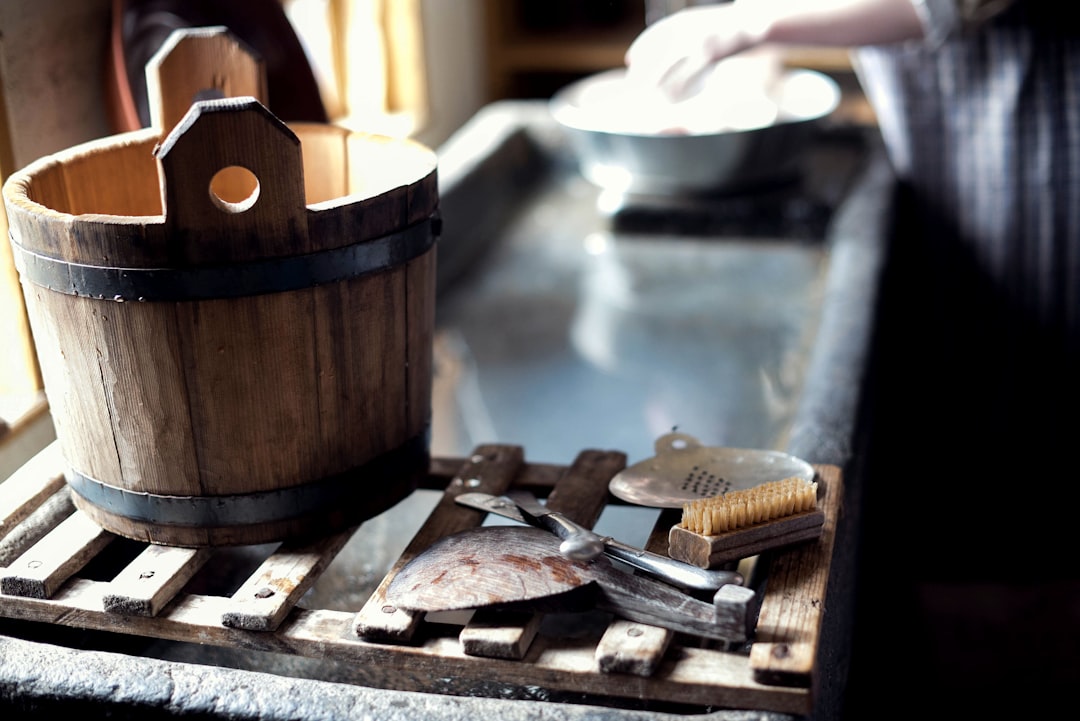brown wooden bucket, Sturbridge dishes