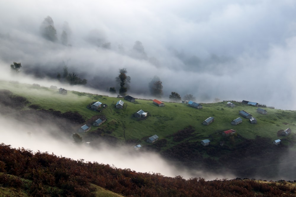 Casas rodeadas de niebla