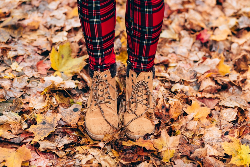 person standing on withered leaves