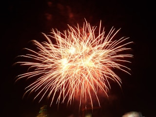 Bright, colorful display of fireworks against a dark night sky with bursts of orange and white sparks radiating outward.