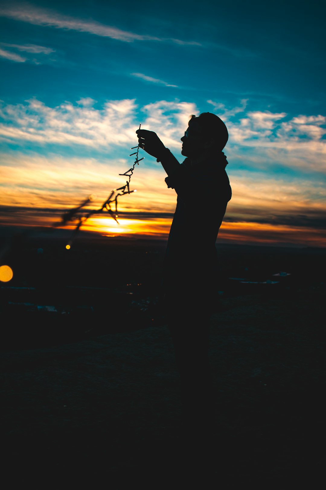 silhouette of person holding string lights during sunset