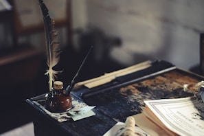 Artistic shot of a quill pen resting on a dark wooden desk with botanical prints