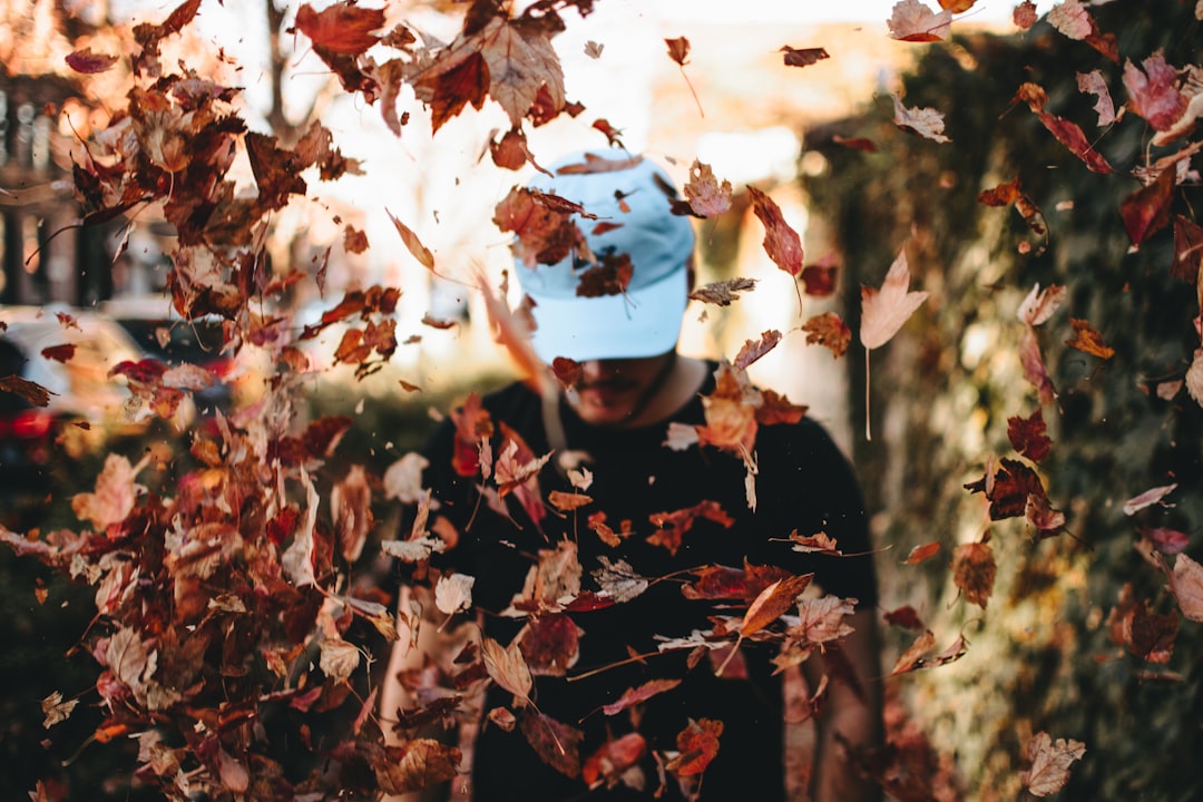 man standing beside grass with maple leaf effects