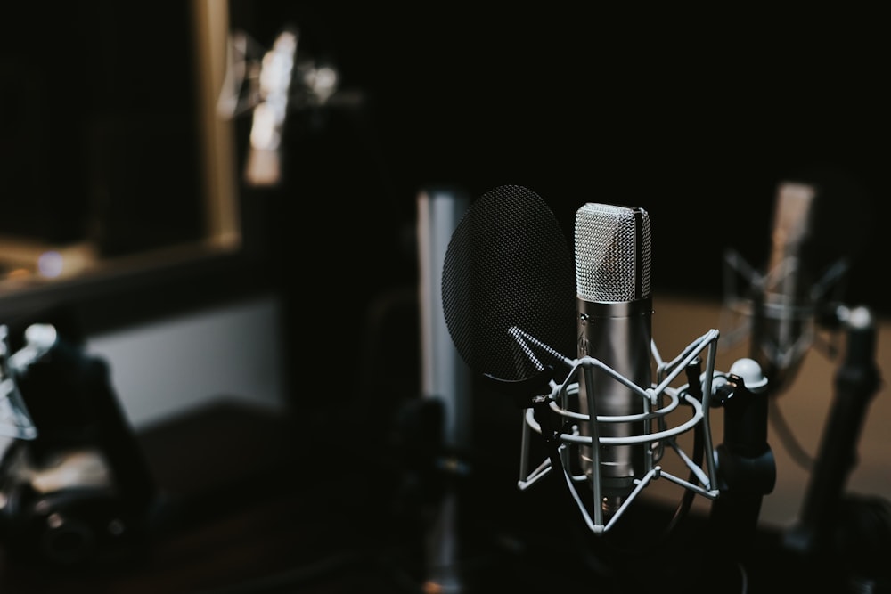 Close-up of a professional studio podcast microphone